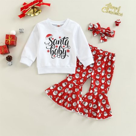 

1-5 T Baby Girl Bell Bottom Outfit Infant Toddler Kids Little Girls Santa Baby Pullover+pants+headband 3pcs Outfit Set.White.4-5 Years