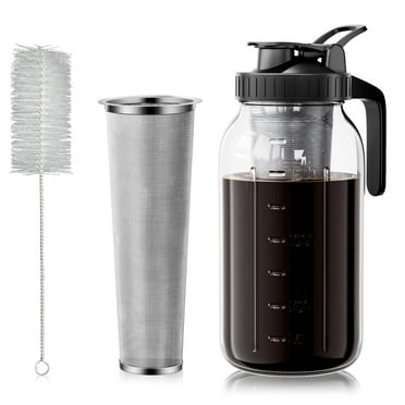 VA1KENE 64oz Cold Brew Coffee Maker, Mason Jar Pitcher with Lid for Cold Drinks, Glass Pitcher with Handle & Stainless Steel Filter-Black