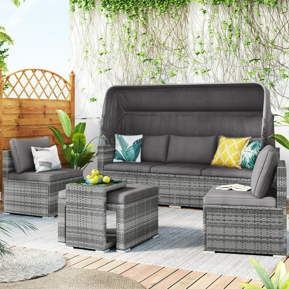 Syngar Outdoor Daybed with Canopy, 5 Piece PE Wicker Sectional Furniture Set with Ottoman and Side Table, Rattan Conversation Sofa Set, Patio Sunbed with Gray Cushions, for Backyard, Pool, Garden