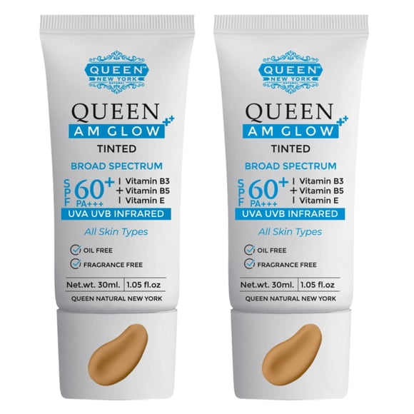 REINA SOY BRILLO | Protector solar tintado SPF 60 PA+++Primer-Face Moisturizer- Vitamina B3 B5 E- No graso y sedoso al tacto, sin aceite, sin fragancia por QUEEN NATURAL NEW YORK (paquete de 2)