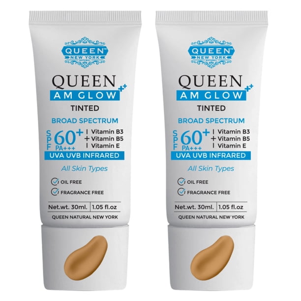 REINA SOY BRILLO | Protector solar tintado SPF 60 PA+++Primer-Face Moisturizer- Vitamina B3 B5 E- No graso y sedoso al tacto, sin aceite, sin fragancia por QUEEN NATURAL NEW YORK (paquete de 2)