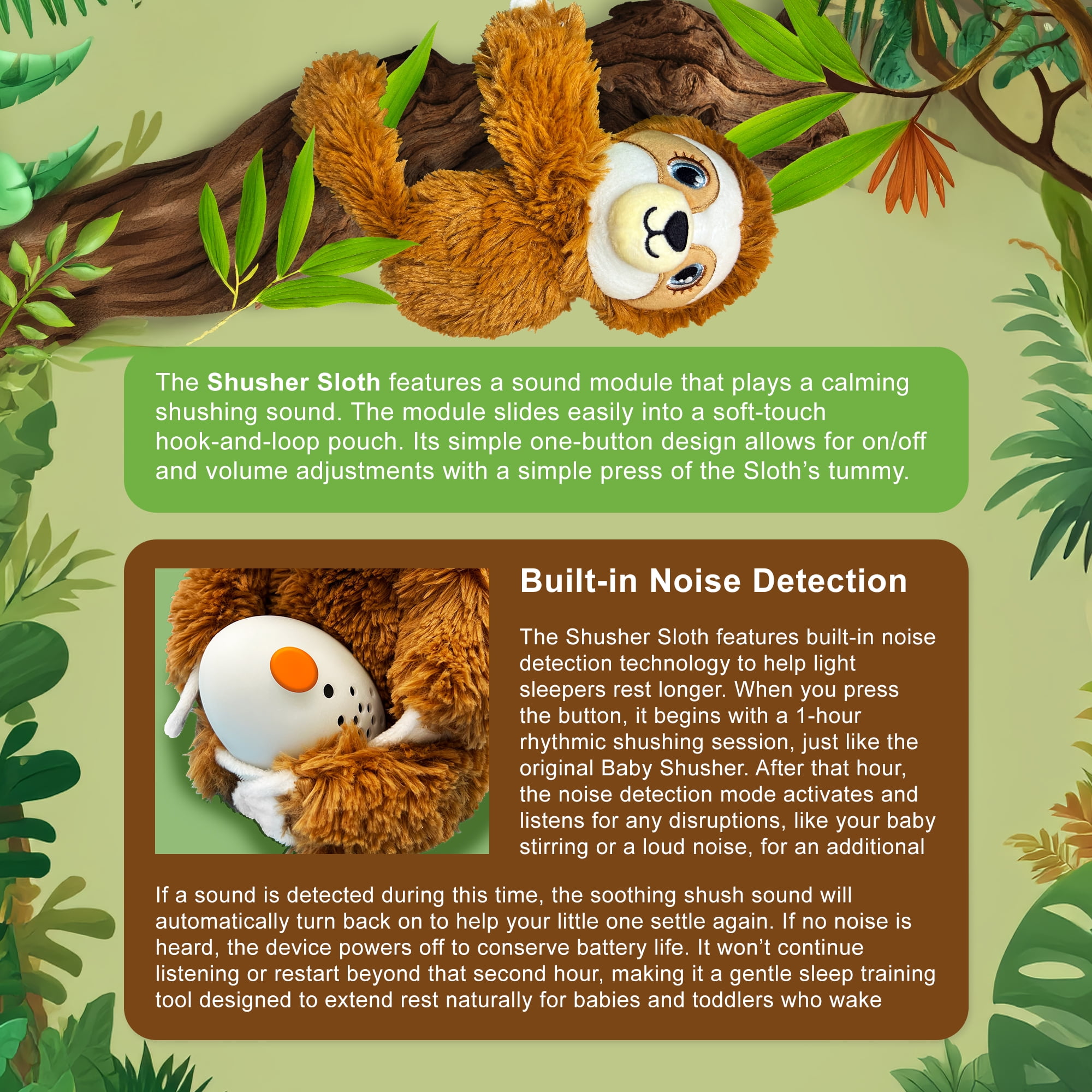 Baby Shusher Sloth Sound Machine Plush Toy with 2 Silicone Pacifiers, Portable Baby Soother with Sound, Batteries Included