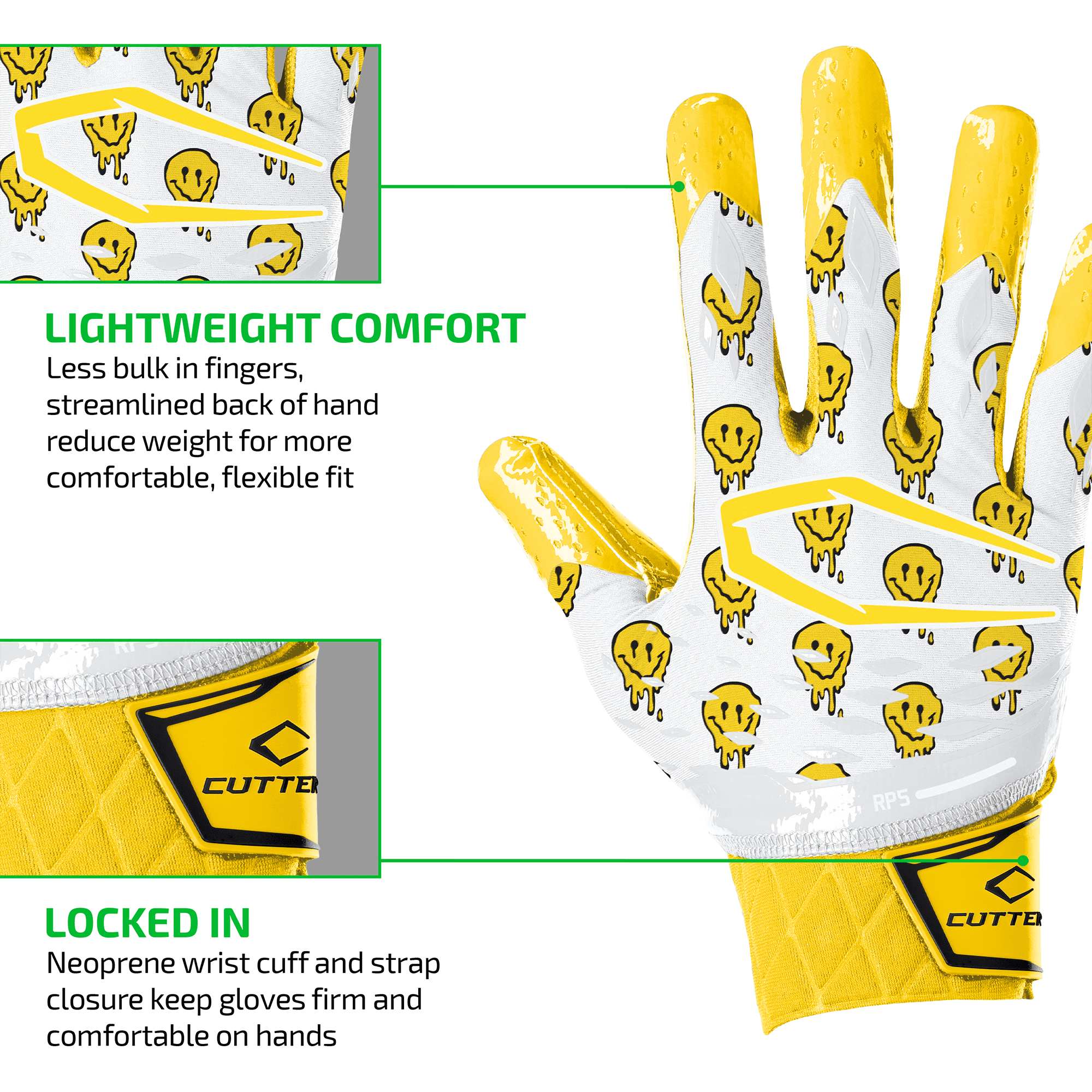 Cutters, Rev Pro 5.0 Football Receiver Gloves, Adult, M, Smile