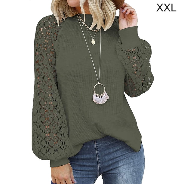Sonducket Blusa de manga larga de encaje para mujer Camiseta de color sólido con cuello de encaje Prendas para la parte del cuerpo Verde XXL