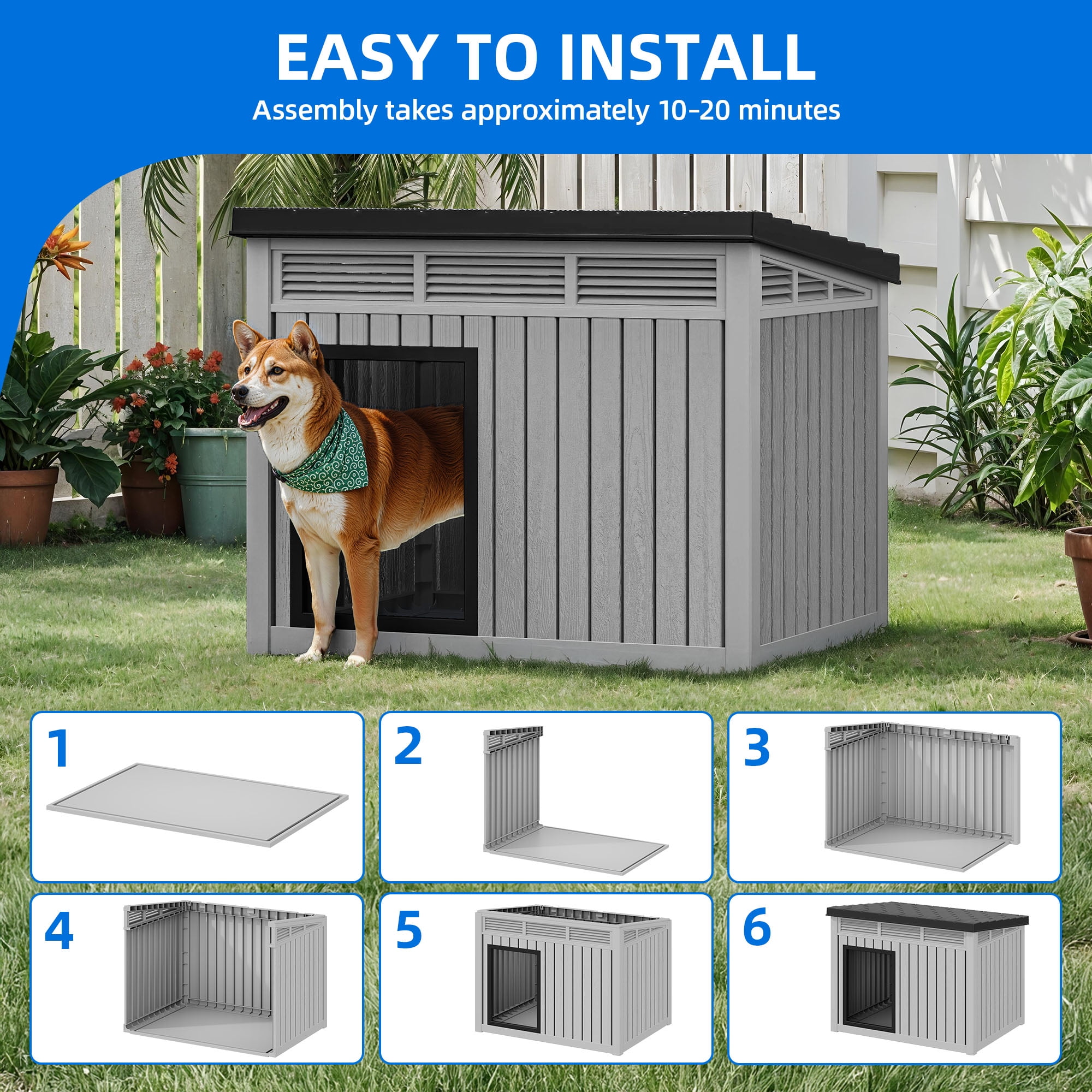 Dextrus Plastic Dog House with Lift-Up Sloping Roof,Indoor & Outdoor Dog Kennel,Waterproof & Ventilated,Gray,31.9"D x 24.8"W x 24.1"H