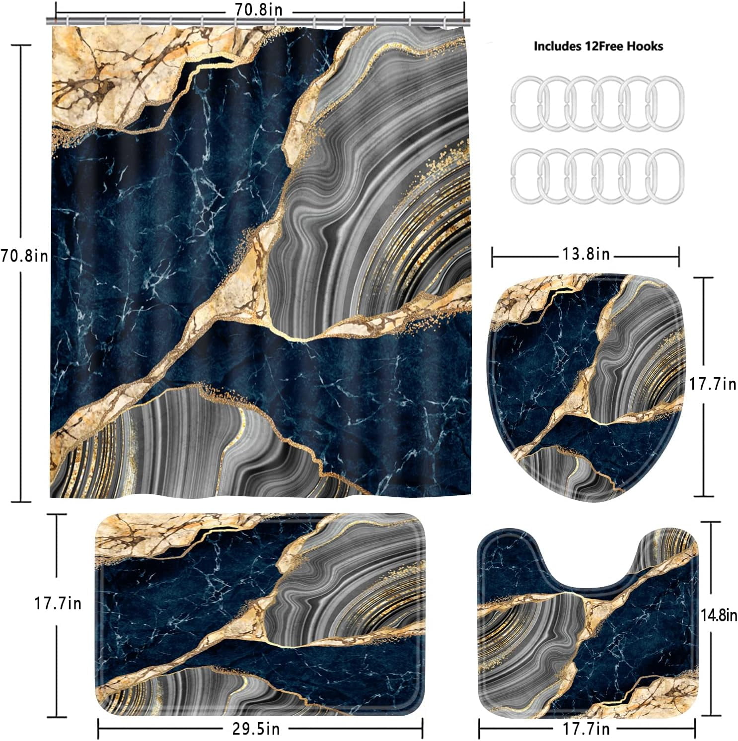 4 Pcs Black Marble Shower Curtain Sets with Rugs Gold Bathroom Sets with Shower Curtain and Rugs Modern Abstract Bathroom Decor Accessories Shower Curtains for Bathroom Toilet Lid Cover