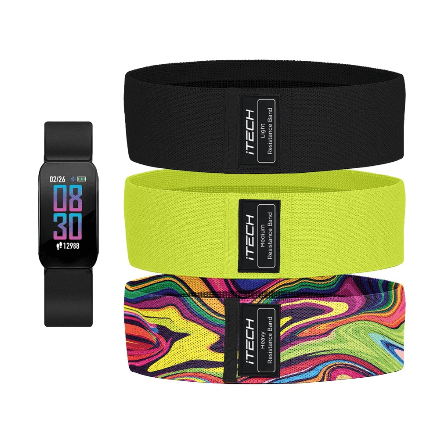 iTECH Active Black Fitness Tracker Bundle with Black, Neon Green, MultiColored Resistance Bands