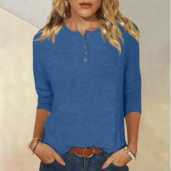 CQONEPT Women's 3/4 Sleevee Shirts Henley Scoop Neck Tunic Tops Casual Solid Color Pullover Outdoor Trendy Blouse Navy M