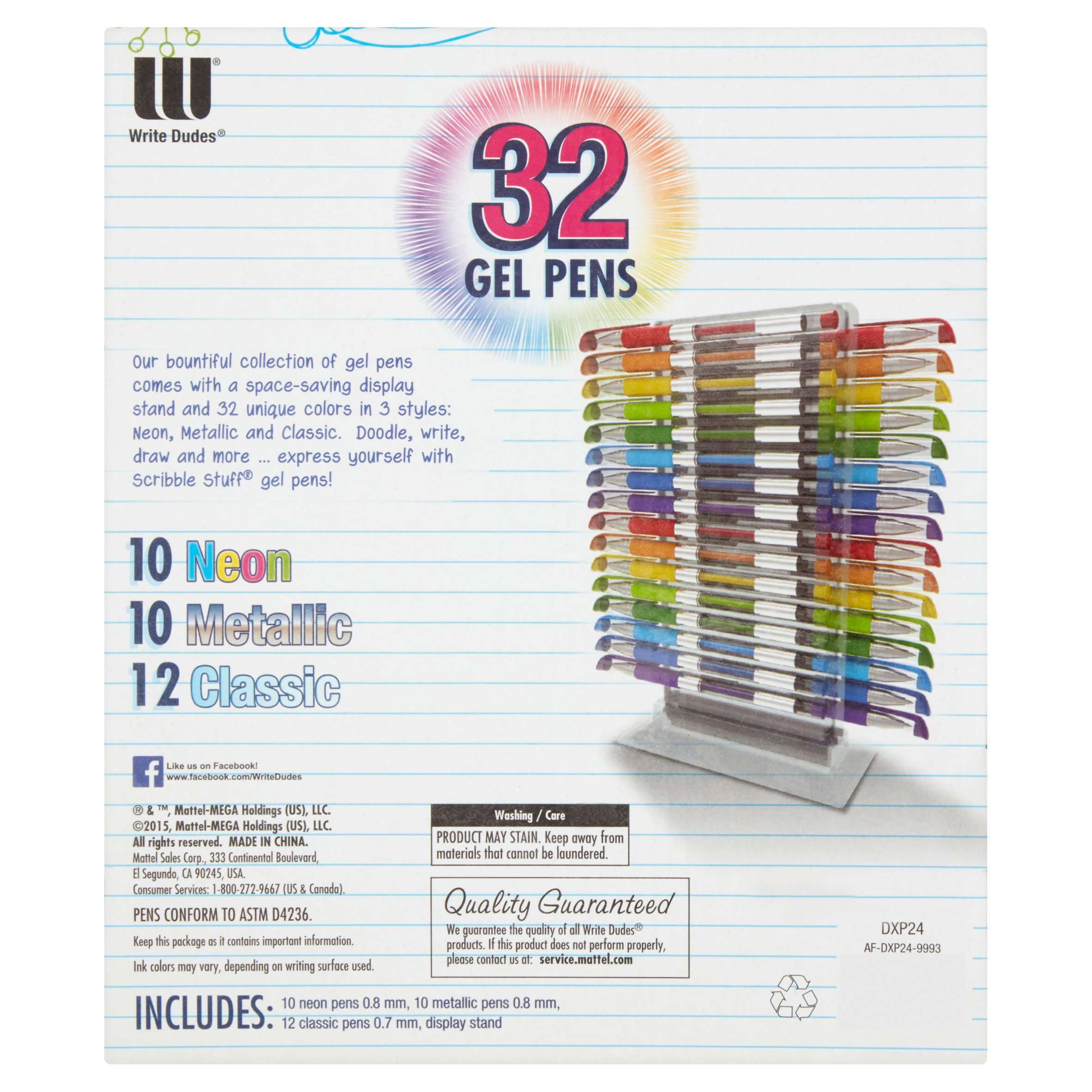 Scribble Stuff 32ct gel pens tower in bright fun colors. An assortment of  12 classic, 10 neon and 10 metallic fashion ink colors in a display stand  for easy ac…