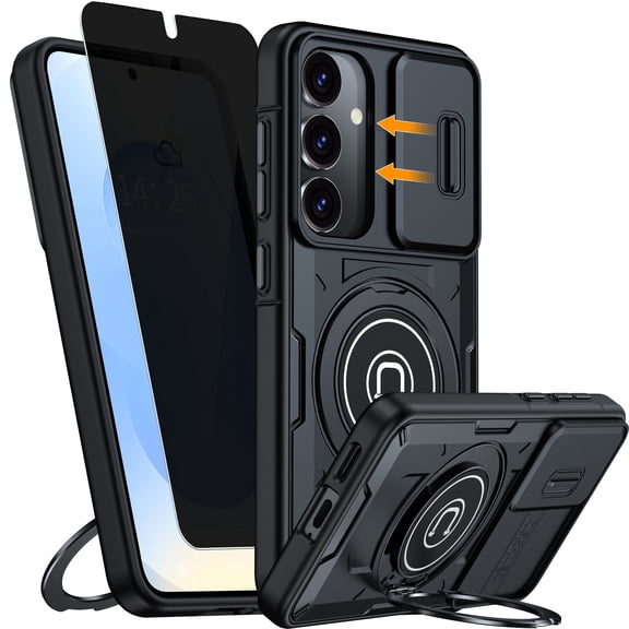 ANTSHARE for Samsung Galaxy S25 Case, Built In Slide Camera Cover & Rotatable Kickstand Ring [1 * Privacy Screen Protector] Military Heavy Duty ShockProof Protective Case for Samsung Galaxy S25