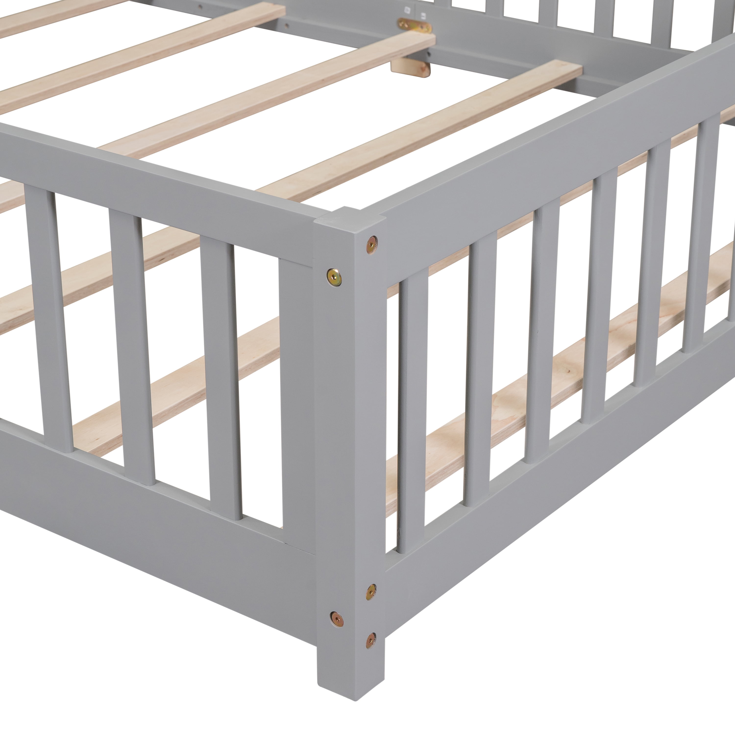 Miniyam Wood Queen Size Floor Bed with Safety Guardrails for Toddler, Gray