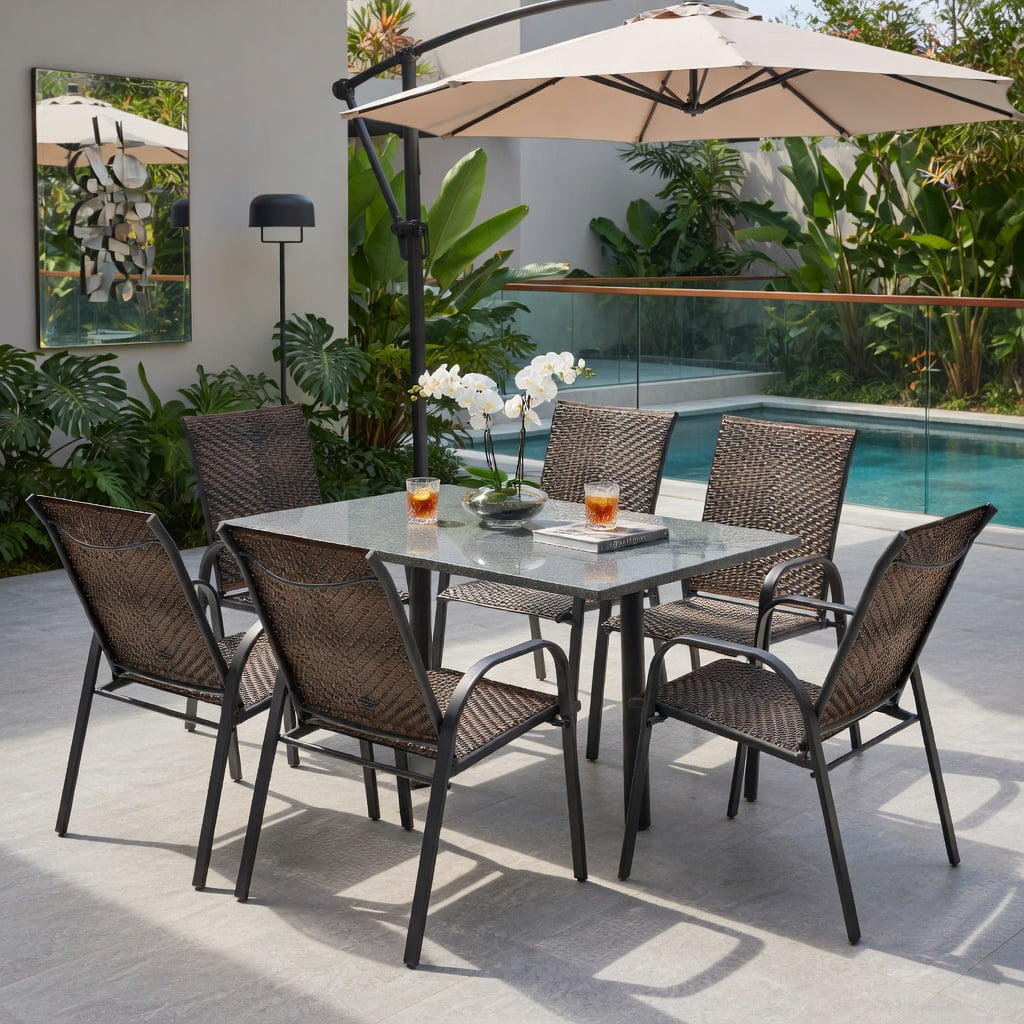 Hommoo 6-Pack Stackable Outdoor Dining Chairs, All-Weather PE Wicker & Rustproof Steel Frame, Patio, Garden & Poolside Use, Brown