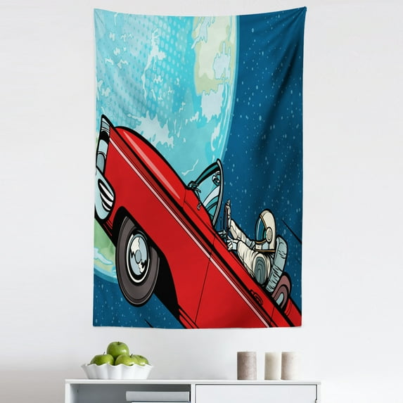 Astronaut Tapestry, Human in Outer Space Driving a Classic Car near Planet Earth, Fabric Wall Hanging Decor for Bedroom Living Room Dorm, 5 Sizes, Dark Sky Blue Multicolor, by Ambesonne
