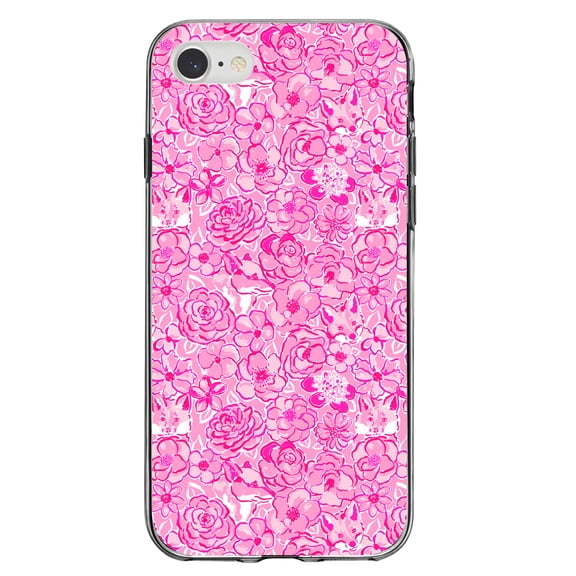 DistinctInk Clear Shockproof Hybrid Case for iPhone 7 8 SE (2020 Model) 4.7" Screen TPU Bumper Acrylic Back Tempered Glass Screen Protector - Preppy Pattern - Pink & White Flowers Floral