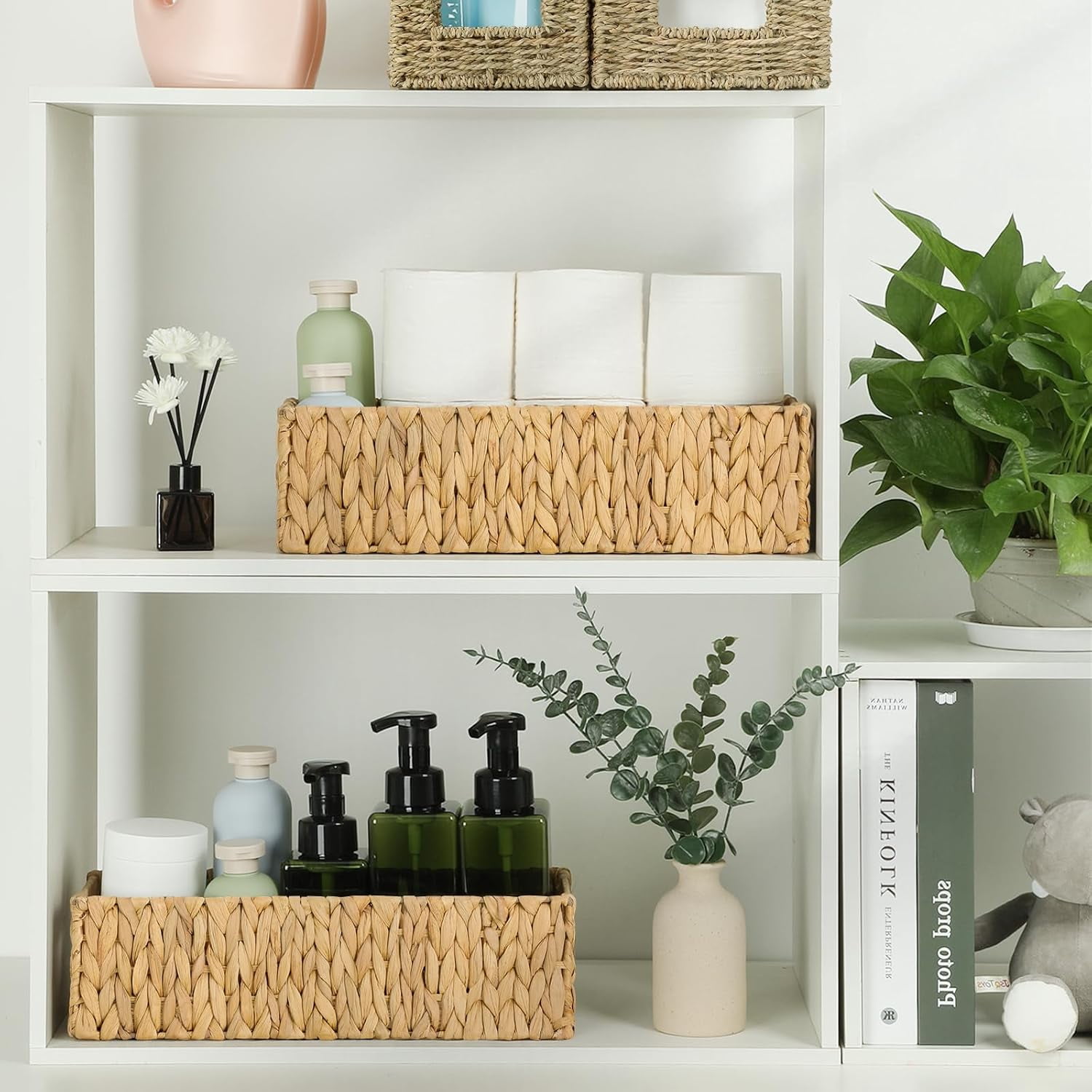Nesting Small Wicker Basket, Water Hyacinth Toilet Paper Baskets Bathroom Organizer, Woven Long Narrow Baskets, 2 Pack