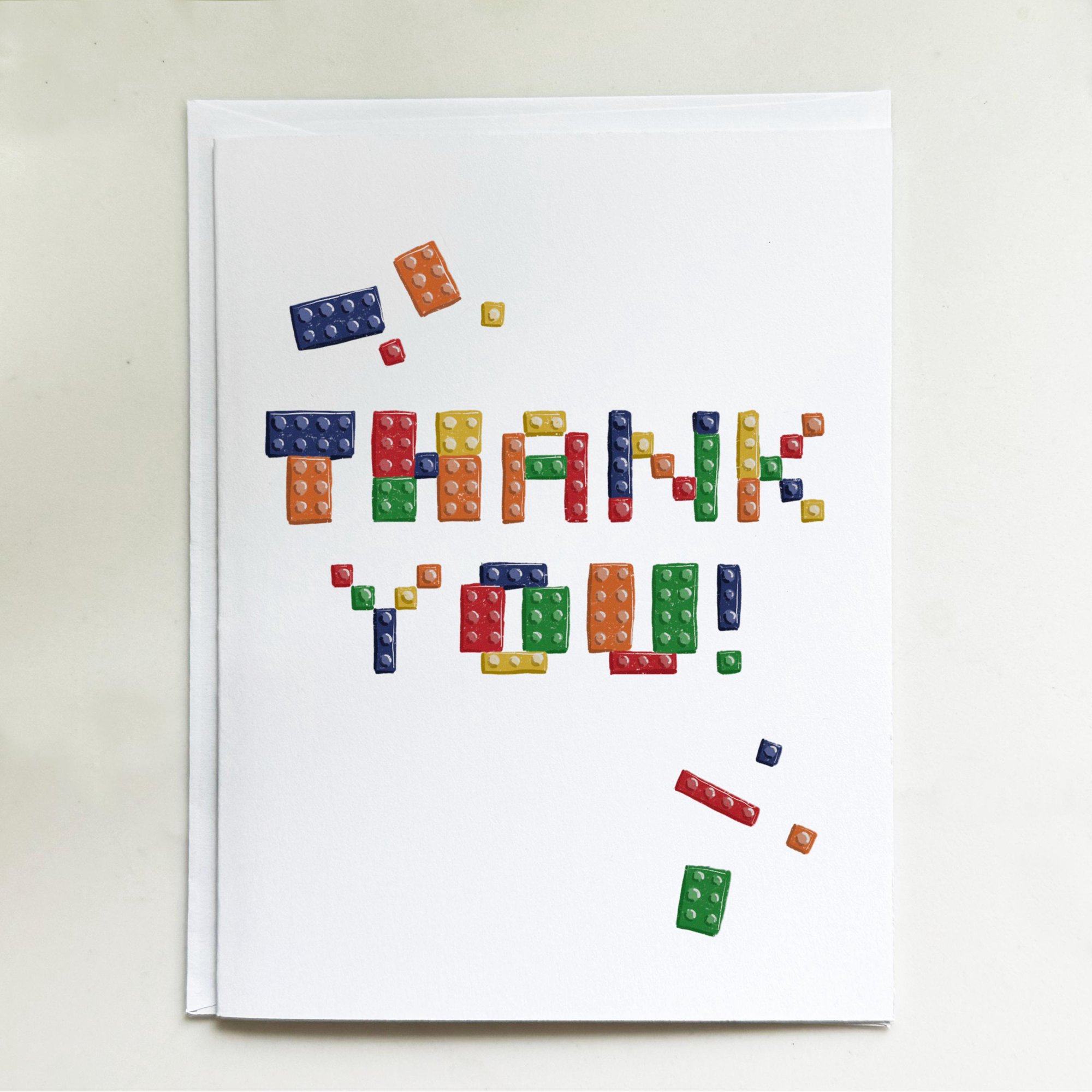 Thank You Card, Building Block Brick Design, Colorful Toy Construction Theme Stationery for Kids or Adult Appreciation, Includes Envelope