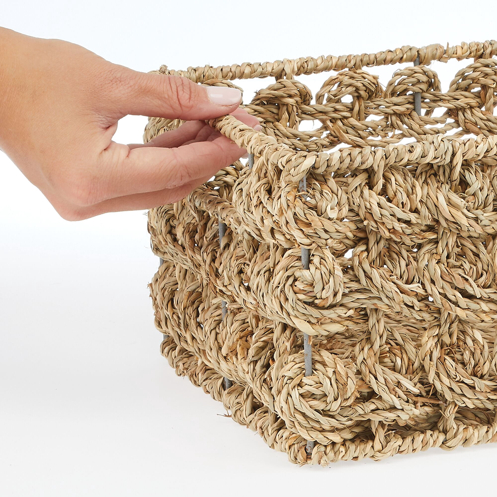 mDesign Seagrass Rose Weave Household Basket with Handles, 3 Pack, Natural/Tan