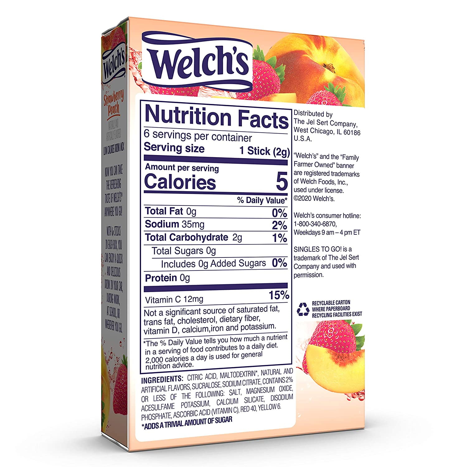 Welch's Strawberry Peach Singles To Go Drink Mix, 0.48 oz, 6 CT (Pack-12)