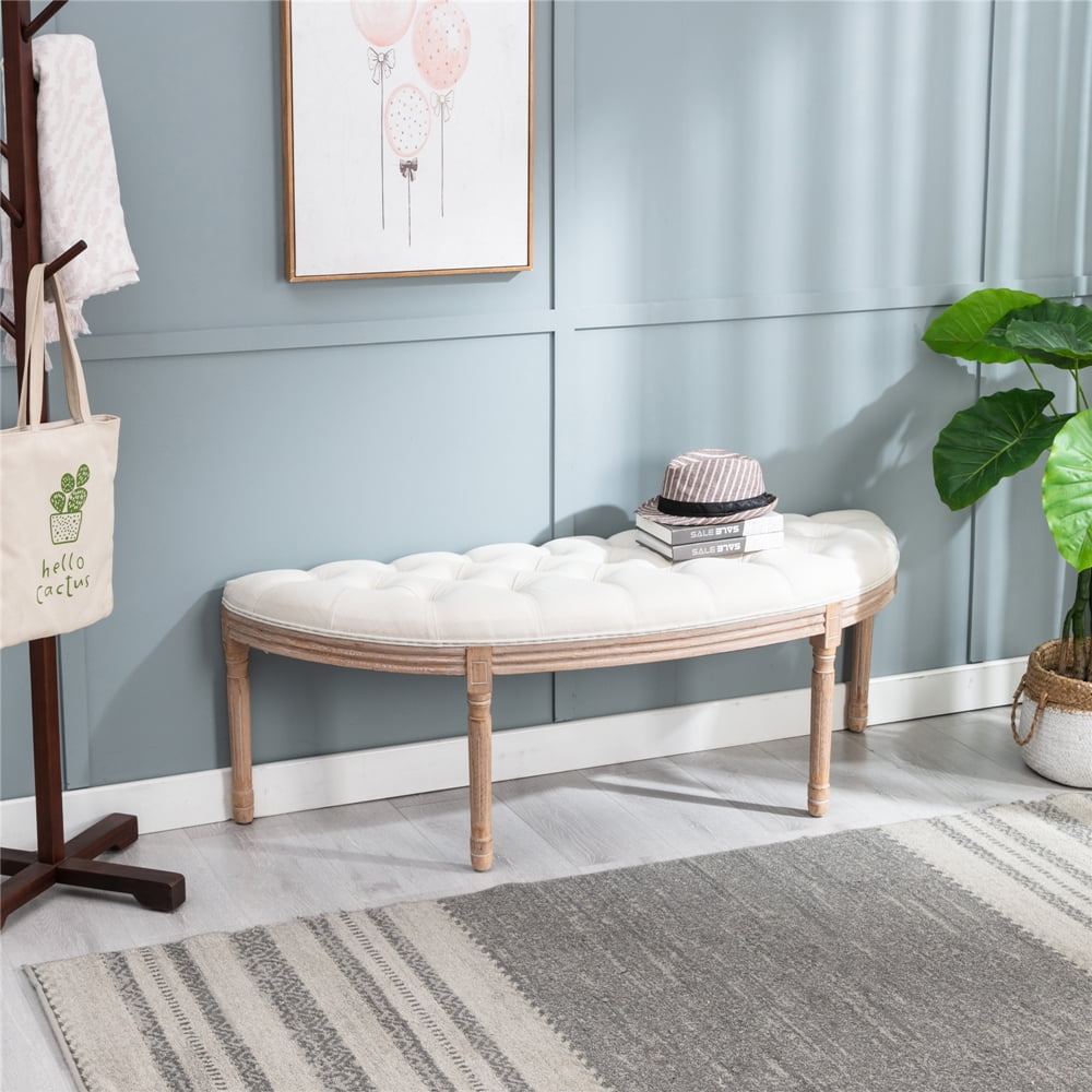 Private Jungle Half Moon French Vintage Bench with Padded Seat & Rubberwood Legs,Beige Private Jungle Half Moon French Vintage Bench with Padded Seat & Rubberwood Legs,Beige