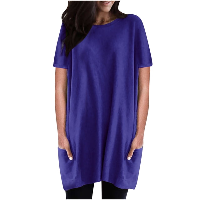 Birdeem Womens Casual Solid Color Round Neck Short Sleeve Loose Tops Blouses with Pocket