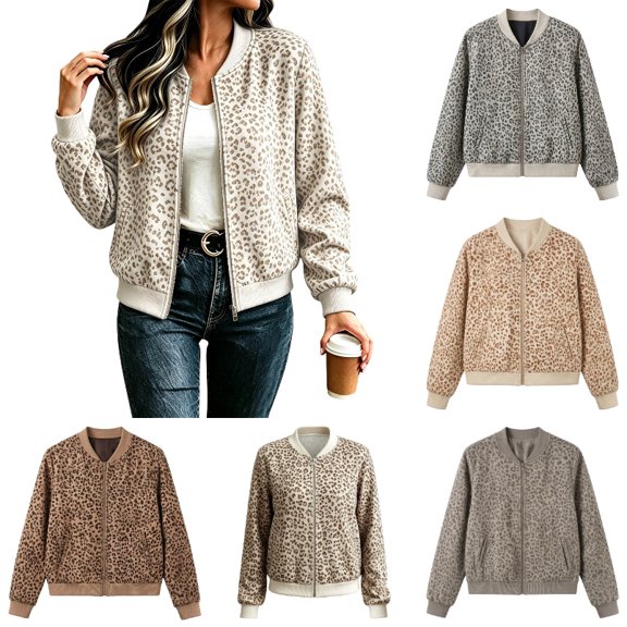 Zijinkuiwen Women Leopard Print Bomber Jacket Zip Up Long Sleeve Ribbed Cuffs Outerwear for Casual Daily Wear