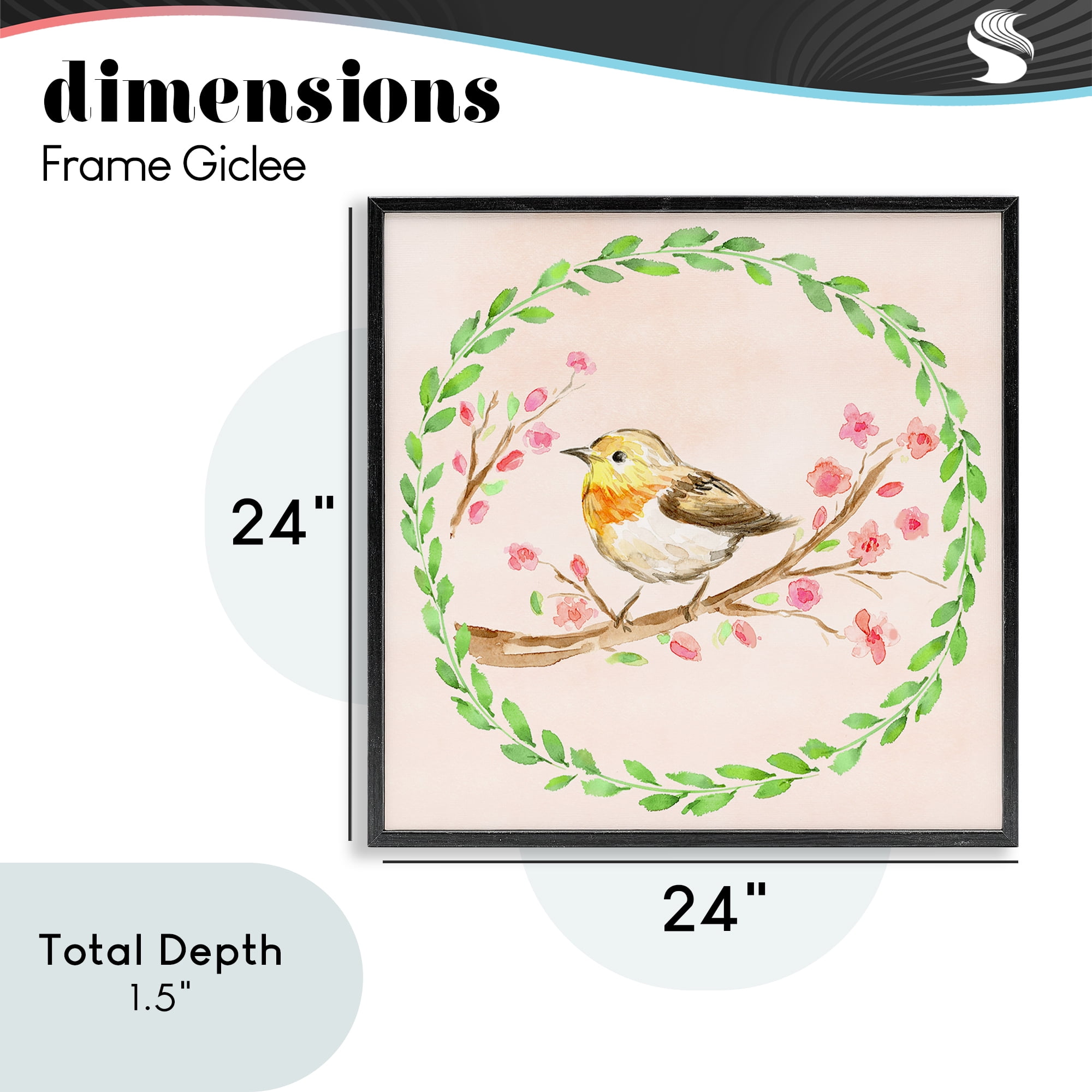 Spring Wreaths Bird Black Framed Giclee Art, design by Elena Fay