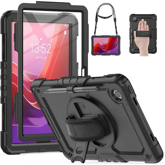 KOMI Case for Lenovo Tab M11 Case with Screen Protector/Rotating Hand Strap/Stand, Protective Tab M11 Tablet Case (TB-330FU/TB-330XU) Cover 2024, Black