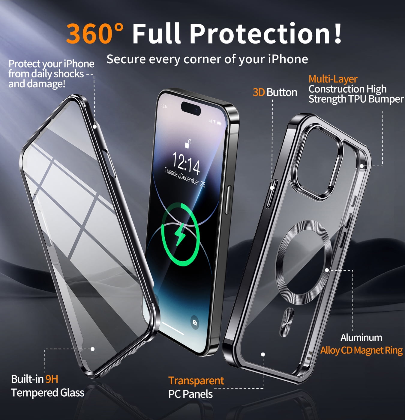 JETeacka iPhone 14 Pro Case(6.1") MagSafe Compatible 360 Full Body Rugged Built-in Touch Sensitive Screen Protector Anti-Scratch Clear Case, Black