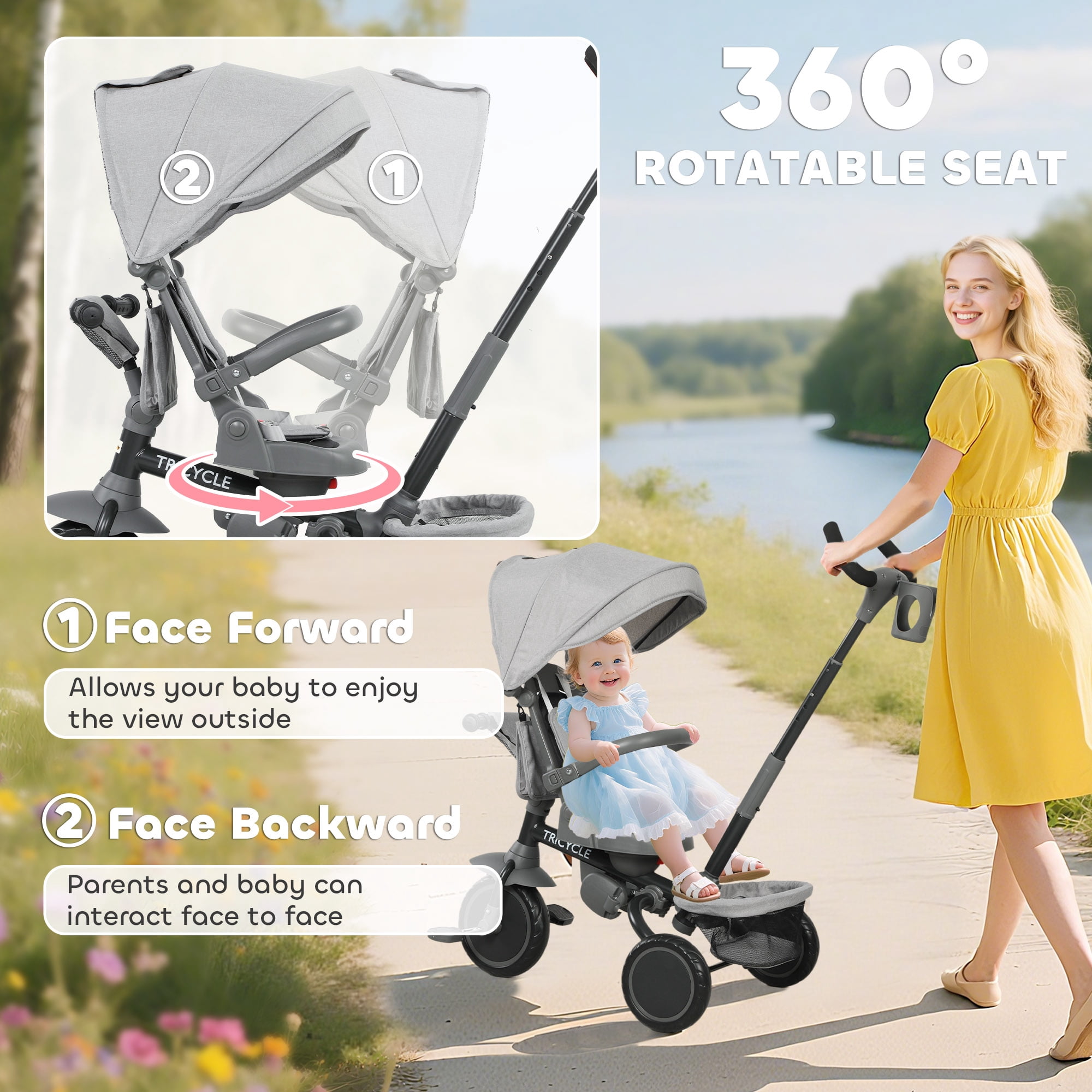 Qaba 6 in 1 Kids Tricycle with Adjustable Push Handle, Foldable Bike Stroller with Removable Canopy, Reversible Seat, for 1-5 Years, Gray