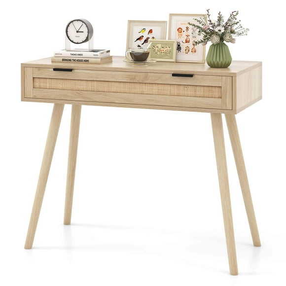 Costway Rattan Console Table with Pull-out Drawer Boho Style Entryway Table