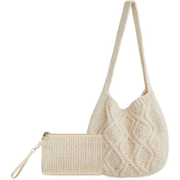 Crochet Bag for Women Crochet Tote Bag with Wristlet Wallet Bohemian Aesthetic Shoulder Handbag for Women Summer Beach(Elegant Style)