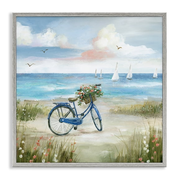 Stupell Industries Tropical Charming Blue Bicycle Floral Bouquet Distant Beach Sailboats Gray Framed Giclee Art, 12 x 12, by Nan