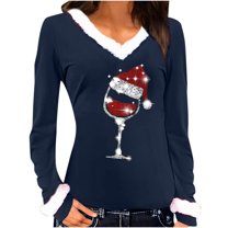 Patlollav Christmas Tops for Ladies,Womens Tops Sexy Wine Glass Slim Velvet Long Sleeve Blouses Gift
