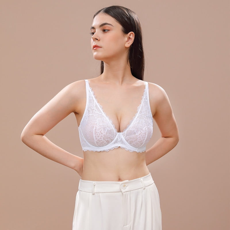 Wingslove Women's Sexy Sheer Lace Bra Underwire Unlined Plunge See Through Push Up Full Coverage Bra,White 36D