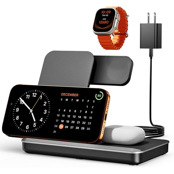 3 in 1 Charging Station for Apple Multiple Devices, Foldable Wireless Charger Stand for iPhone 17 16 15 14, Fast Travel Phone Charging Dock for Apple Watch Ultra 11 10 9 8, AirPods 4 3 Pro