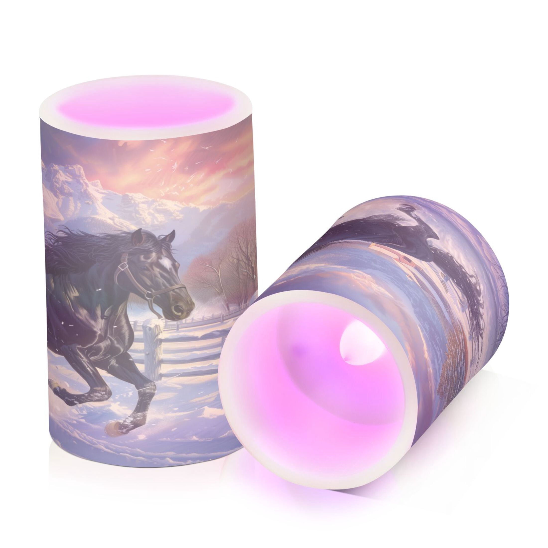 Flickering Flameless LED Candles set of 2 Battery Operated 18-Key Remotes Timer Halloween Fall Decor Horse Galloping in Snow D3''xH4''5''