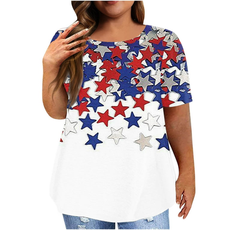 Olyvenn Women's Plus Size Patriotic T-Shirts Drop Short Sleeve Tees  Independence Day Flags Summer Tops Boat Neck Shirts Large Size Loose Casual