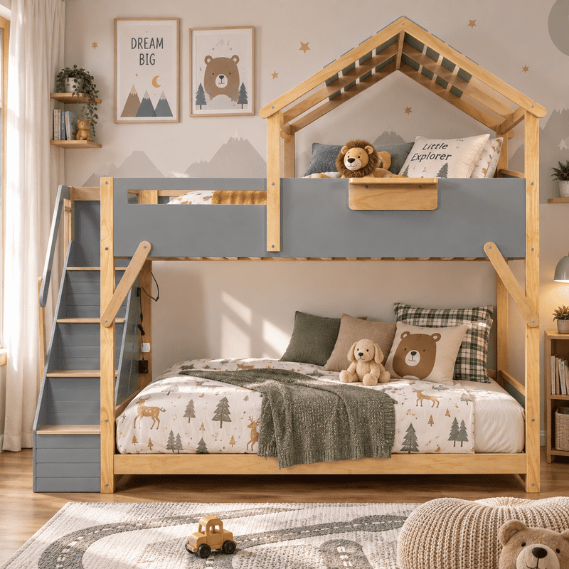 Full Over Full House Bunk Bed with Stairs, 3-Color LED Lights, Built-in Storage Panel, Wood House Bunk Bed Frame for Kids Teens, No Box Spring Needed