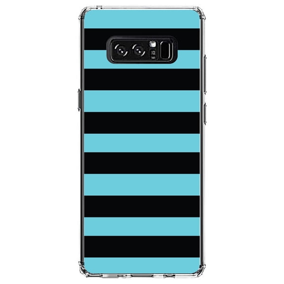 DistinctInk Clear Shockproof Hybrid Case for Samsung Galaxy Note 8 - TPU Bumper, Acrylic Back, Tempered Glass Screen Protector - Black & Cyan Bold Horizontal Stripes