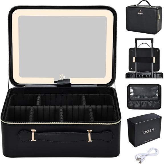 11.4 Inch Extra Large Makeup Bag with LED Lighted Mirror Leather Cosmetic Train Case Light up Mirror Portable Makeup Artist Storage Bag with Dividers Makeup Brush Holder Vanity Black
