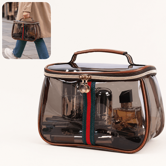 Clear Makeup Bag with Handle, Large Capacity Waterproof Cosmetic Organizer with Zipper, Travel Toiletry Bag for Skincare & Beauty Storage (Coffee)