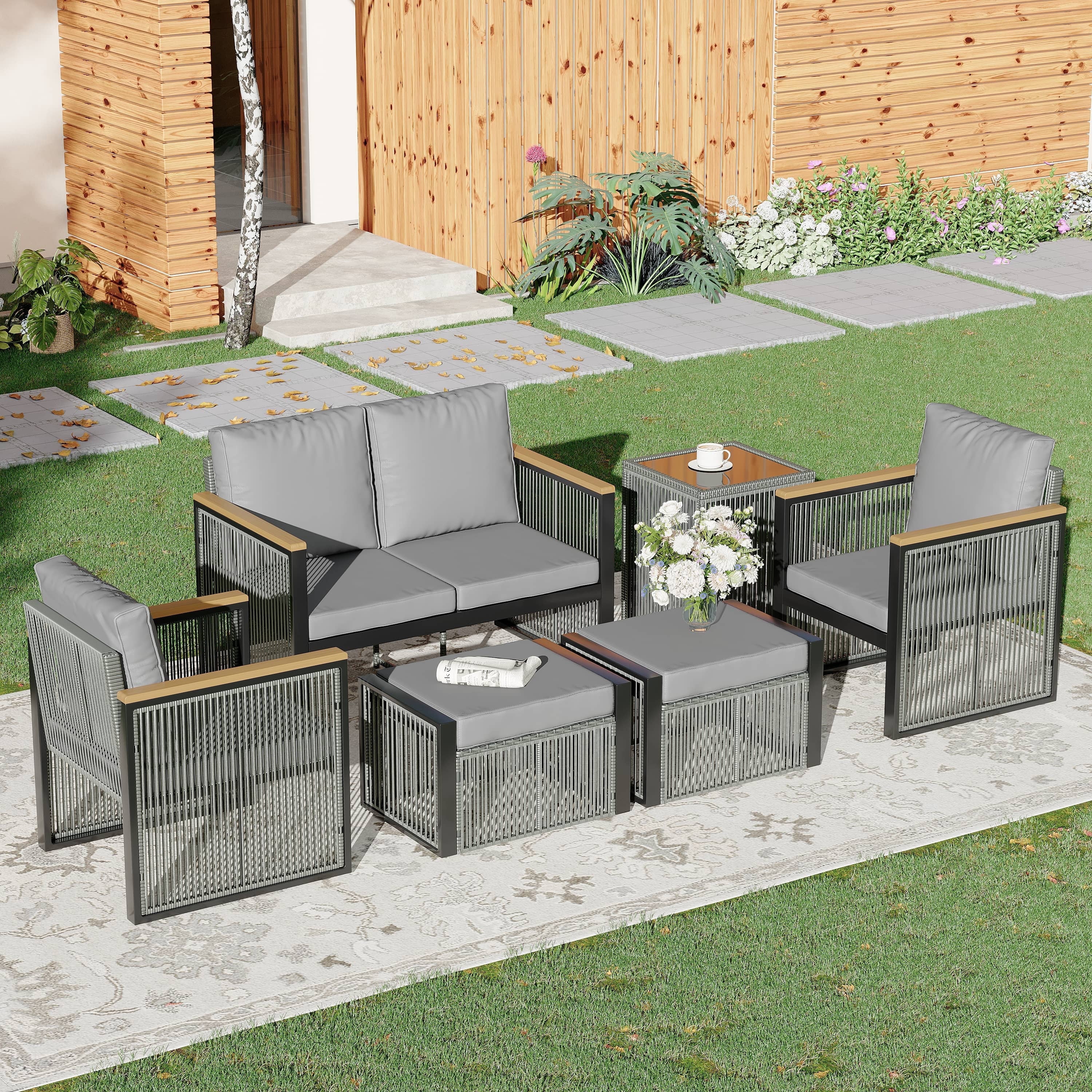 Vicluke Outdoor Patio Furniture Set with Ottomans, 6 Piece Patio Conversation Sets with Coffee Table, Patio Sectional Furniture Set for Porch, Balcony, Deck, Yard