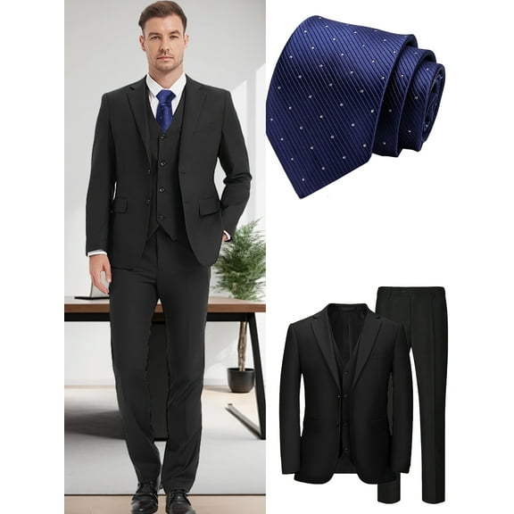 Men's Classic 4pcs Suit Set, Flip Collar Two Button Lapel Jacket Vest Pants And Blue Spotted Tie, Solid Color Set for Weddings Business Events, Passover Easter Gifts