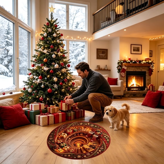 3D Christmas Round Rug Stocking Pinecone Gift Optical Illusion Mat Soft & Durable Flock Non- Modern Home Decor 23.62 in D