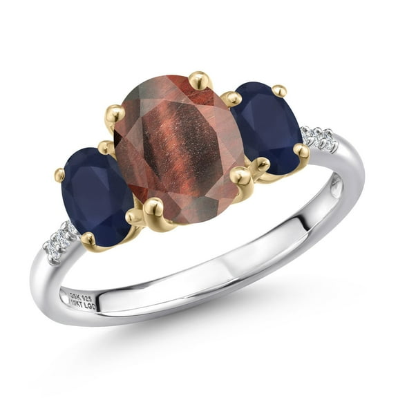 Gem Stone King 925 Silver and 10K Yellow Gold Red Tiger Eye and Blue Sapphire and Lab Grown Diamond Engagement Ring for Women | 2.67 Cttw | Oval 9X7MM | Birthstone | Size 5