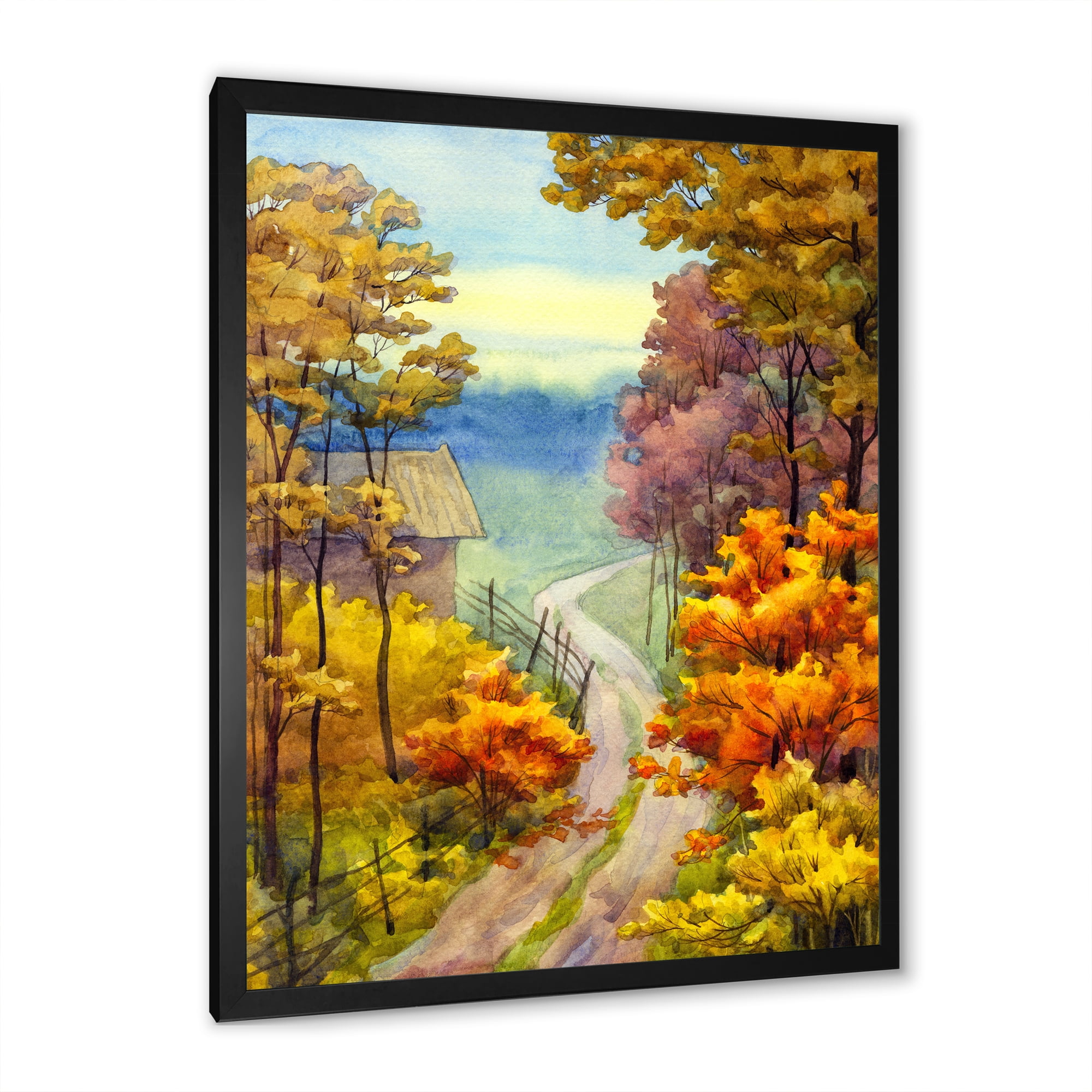 Designart 'Little Road Through VIbrant Autumn Scene' Lake House Framed Art Print