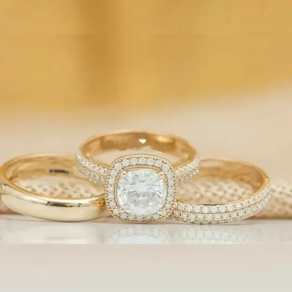 Aishvi Jewels 2Ct Round Cut Lab Created Diamond His & Her Wedding Trio Ring Set 14K Yellow Gold Plated
