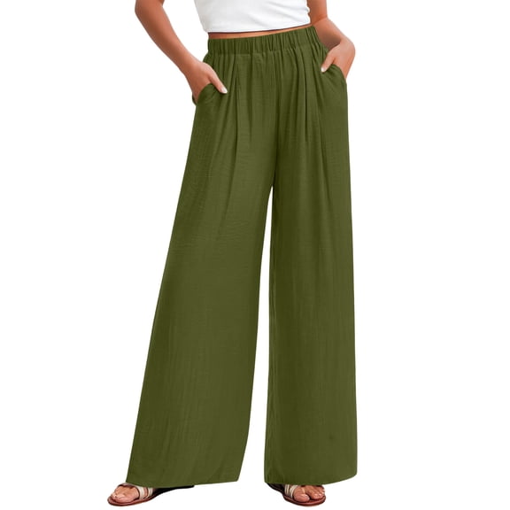 Wide Leg Palazzo Pants for Women Summer Elastic Waist Lounge Trousers with Pockets, S