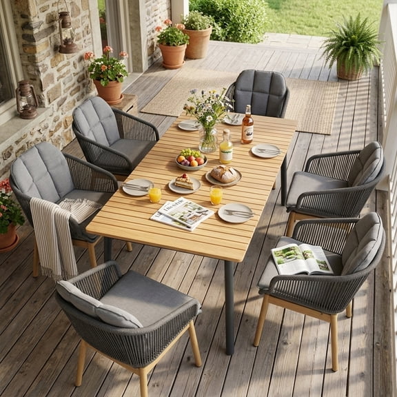 OTSUN 7 Pcs Outdoor Patio Furniture Set, Front Porch Furniture with 6 ROPE Armchairs and Teak Aluminum Table Patio Sectional for Garden Terrace & Backyard