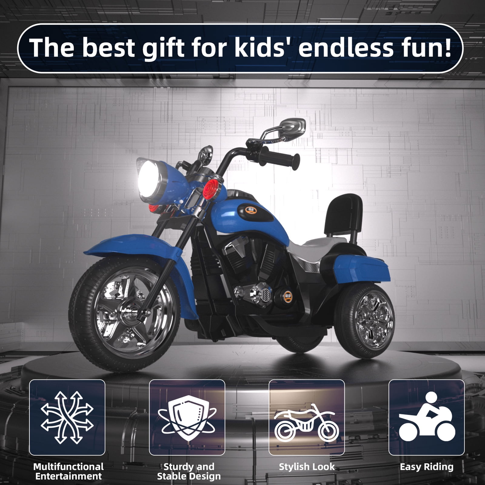 XJD Kids Electric Motorcycle, 6V Battery Powered Ride on Chopper Motorcycle with Horn, Headlights, 3 Wheels Electric Motorcycle for Children, Blue